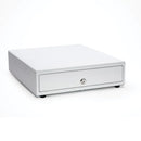 Star Micronics CD4 Choice Series white POS cash drawer 14x16 inch printer angle view