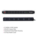 Two views of a CyberPower CPDC-1715R12 12 NEMA 5-15R outlet surge protector and power strip on a white background, with text listing features below.